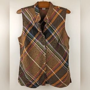 Malcolm & Co. Women's 100% Linen Sleeveless Plaid Button-Up Shirt Plaid Medium